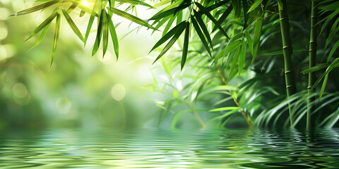 Bamboos green leaves with Sunny Water Border and bamboo tree with bokeh in nature forest. Nature pattern view of leaf on blurred greenery background lush foliage with reflection on the water.  