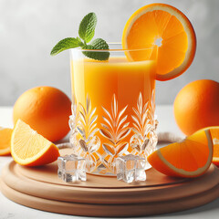 orange juice in a beautiful clear glass decorated with orange slices on a white background