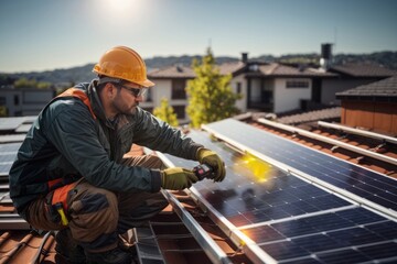 Electrician engineer installing solar panels on rooftop for alternative renewable green energy generation - obrazy, fototapety, plakaty