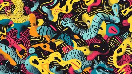 Colored shapes form an abstract stylized background, featuring bold color blobs and nature-based patterns.