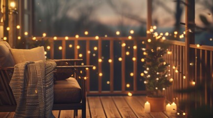Outdoor living on a wooden deck over a balcony, with glowing lights, detailed elements, and an earth tone color palette.