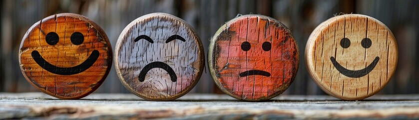 Wooden label displaying happy, normal, and sad face icons, used for collecting feedback on experience survey services, - obrazy, fototapety, plakaty