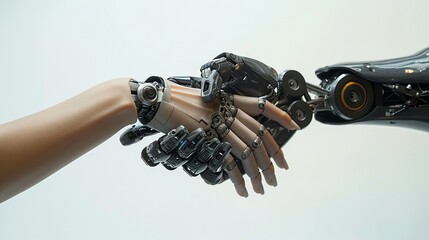 A human and a robot extending hands for a handshake against a white background, depicting the connection and cooperation between humanity and technology, Prime Lenses