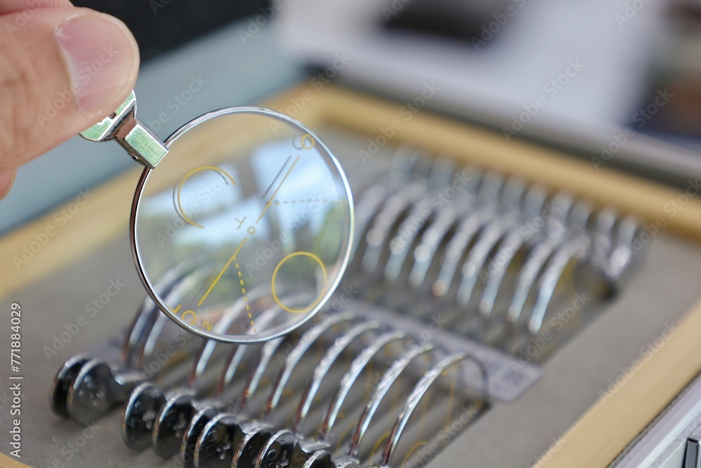 Sticker close up of a glasses lens