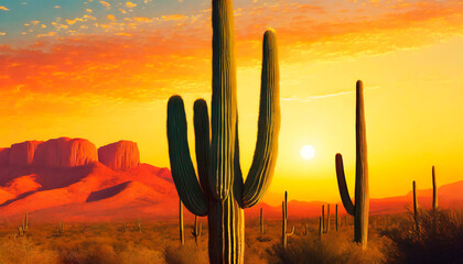 Southwestern Desert Saguaro Cactus Mountain Sunset