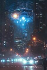 Fototapeta premium An unsettling vertical composition showcasing a UFO with pulsating lights hovering ominously above the city