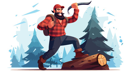 Lumberjack man in a red checkered shirt cutting tre - obrazy, fototapety, plakaty