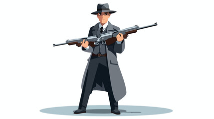 Mafia man character in gray coat and fedora hat hol