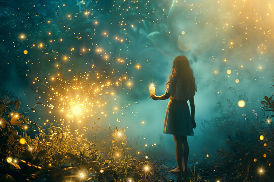 Young girl in a fantasy world at night, Illuminated forest. High quality photo