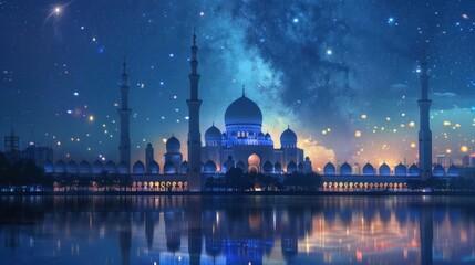 beautiful mosque behind starry night, ramadan festive, islamic festive, Generative AI - obrazy, fototapety, plakaty