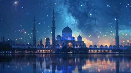 Fotobehang beautiful mosque behind starry night, ramadan festive, islamic festive, Generative AI © 2D_Jungle