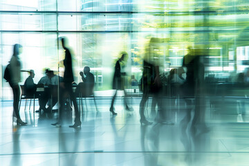 Corporate office, workplace. People moving in the blurry motion behind the glass. High quality photo