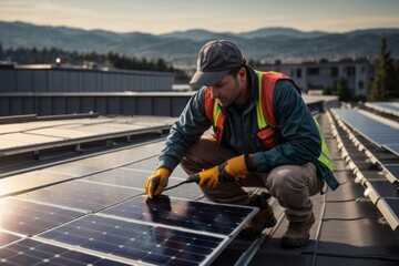 Electrician engineer installing solar panels on rooftop for alternative renewable green energy generation