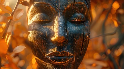 Obraz premium beautiful wooden mask art with soft light and blurred background, an ideal wallpaper idea. Generative AI