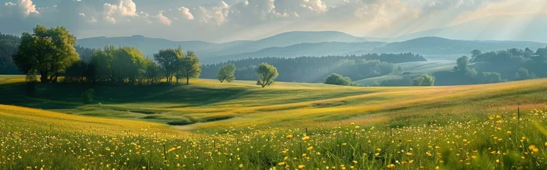 Deurstickers Beautiful spring landscape with meadow flowers and daisies in the grass. Natural summer panorama. © SHI