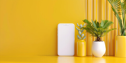   Creative Yellow Studio Arrangement Vertical Flat Lay Composition Highlighting a Blank and White Mobile Phone Clay plants pot Mockup and Diverse Objects on yellow background 