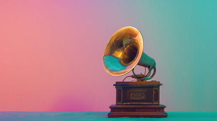 Vintage Gramophone with a Horn Speaker Against Pastel Gradient Background