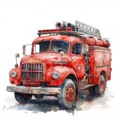 Enchanting watercolor fire truck clipart, heroics and bravery, nursery inspiration, isolated on white , clean sharp - obrazy, fototapety, plakaty