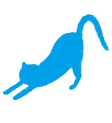 伸びをする猫のシルエット クレヨンタッチ　水色