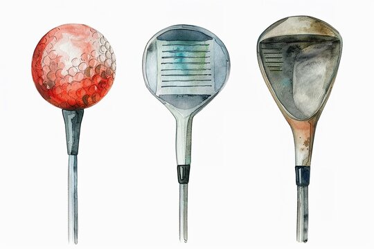 Enchanting watercolor golf clubs and ball, serene and focused, nursery sports collection, isolated on white , clean sharp