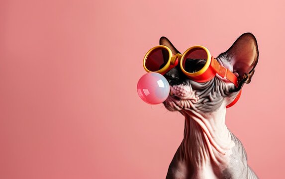 Sphynx cat blowing bubble gum wearing sunglasses portrait on bright pastel background. presentation. advertisement. invitation. copy text space.