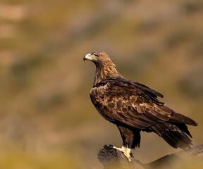 A brown hawk standing on a stump looks to the left