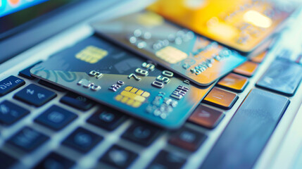 Credit Cards on Laptop Keyboard Representing Online Financial Activity