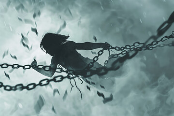 Depression, chains, domestic violence and escape. High quality photo