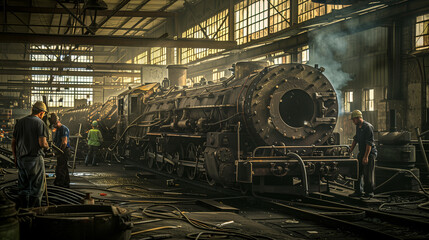 Vintage Steam Locomotives Under Maintenance in Historic Railway Yard - obrazy, fototapety, plakaty