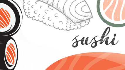 Creative illustration of sushi salmon pieces roll isolated on background. Sushi background design vector.
