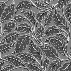 Curved lines Branches Leaves grey and white. Seamless pattern with leaves. Vector illustration for your design.Floral seamless pattern with stylized branches and leaves.