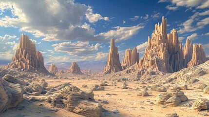 landscape of desert with surreal rock formations, Surreal rock formations dotting a 3D desert landscape. - obrazy, fototapety, plakaty