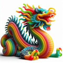 a Chinese Dragon made of pastel color gummy candy on a white background