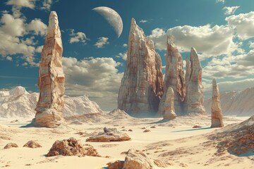Desert landscape with surreal rock formations, Surreal rock formations scattered across the 3D...