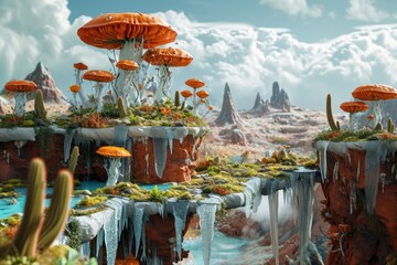 A 3D landscape with surreal elements and dreamlike scenery, Surreal elements blending into dreamlike 3D scenery.