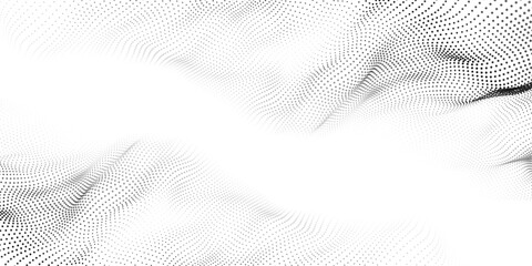 Flowing particles dots, wave pattern curve halftone shape isolated on transparent background. Vector background concept of modern technology, science.