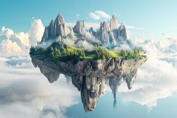 3D surreal landscape with floating islands in the sky and white clouds, Surreal 3D landscape featuring floating islands amidst white clouds.