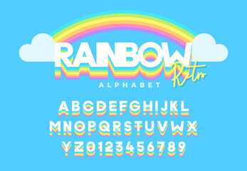 Vibrant rainbow retro alphabet and number set for colorful typography designs. Vector typeface font effect in flat style with different colors gradient
