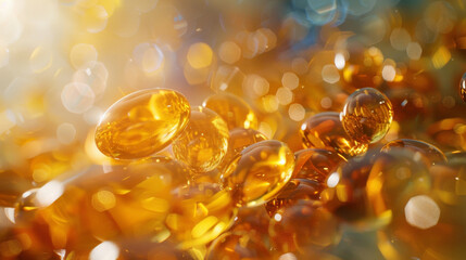 The molecular structure of omega-3 fatty acids floating in a sea of fish oil, photorealistic - obrazy, fototapety, plakaty