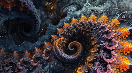 Intricate fractal patterns background in abstract digital art, Abstract digital art featuring intricate fractal patterns as the background.