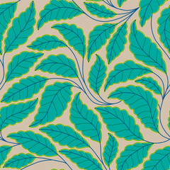 Curved lines Branches Leaves beige and green. Seamless pattern with leaves. Vector illustration for your design.Floral seamless pattern with stylized branches and leaves.