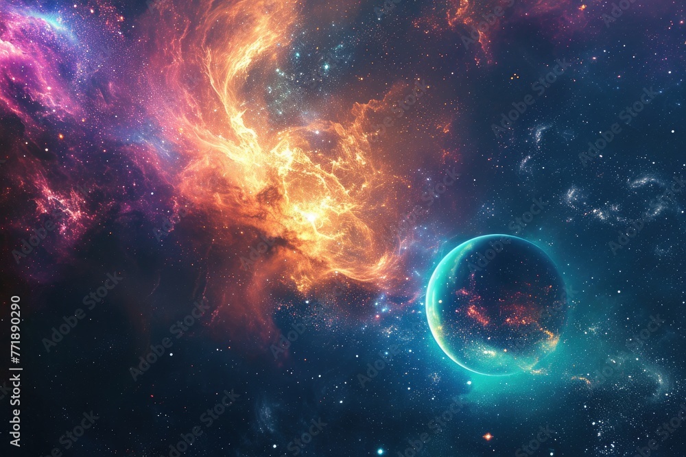 Poster Space cosmic background with planets and colorful cosmic elements, A cosmic-themed background featuring planets and vibrant cosmic elements.