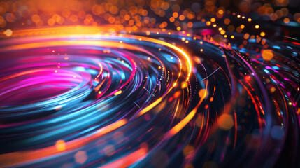 Abstract depiction of vibrant circular sound waves with sparkling energy effects, dark theme