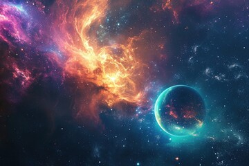 Space cosmic background with planets and colorful cosmic elements, A cosmic-themed background featuring planets and vibrant cosmic elements. - obrazy, fototapety, plakaty