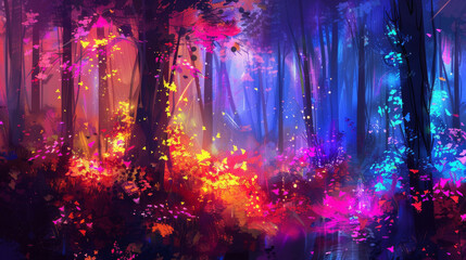 An abstract forest of neon light, with glowing trees and a vivid underbrush - obrazy, fototapety, plakaty