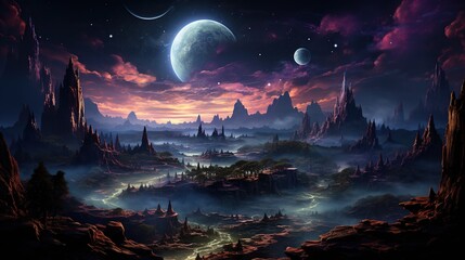 Earth view at night from alien planet, - obrazy, fototapety, plakaty