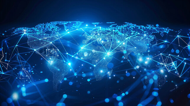 An abstract, holographic world map, highlighting global connectivity in the future