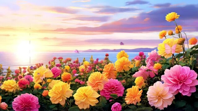 Colorful dahlia flowers in the garden on sunset background	
