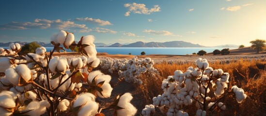 Cotton plant on the field with sea and mountains in the background - obrazy, fototapety, plakaty