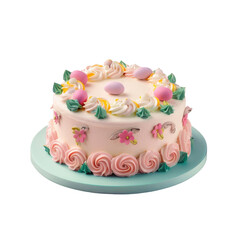A pink birthday cake with flowers and eggs on a blue plate on a transparent background